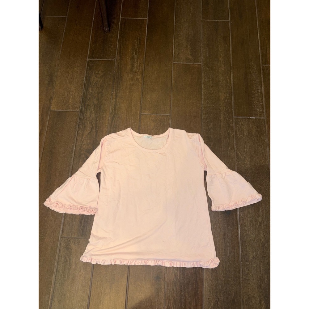 Crown & Ivy Top Size M Pink Ruffle Hem Bell Sleeve French Terry Pullover